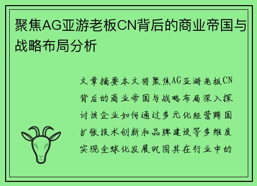 聚焦AG亚游老板CN背后的商业帝国与战略布局分析